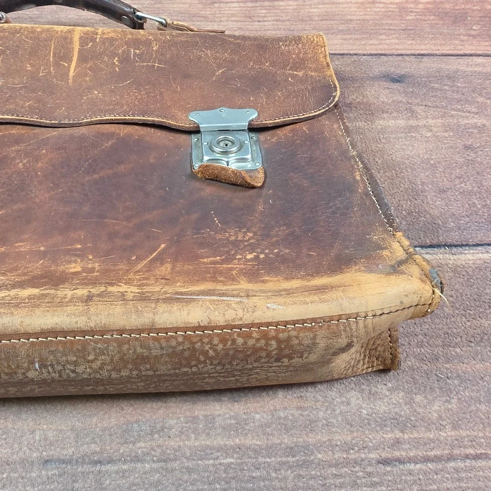 Vintage Leather Briefcase Mens Large Brown Good Patina Satchel Bag